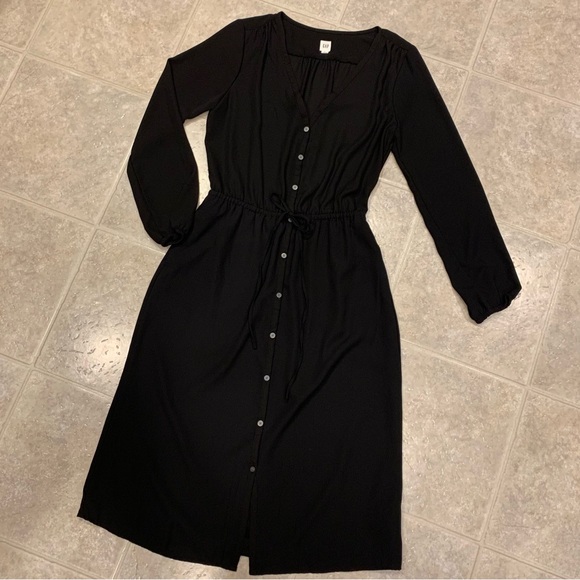 Gap Black Long Sleeve Midi Below the Knee Length Dress, Elastic Waist, Small - Picture 1 of 14